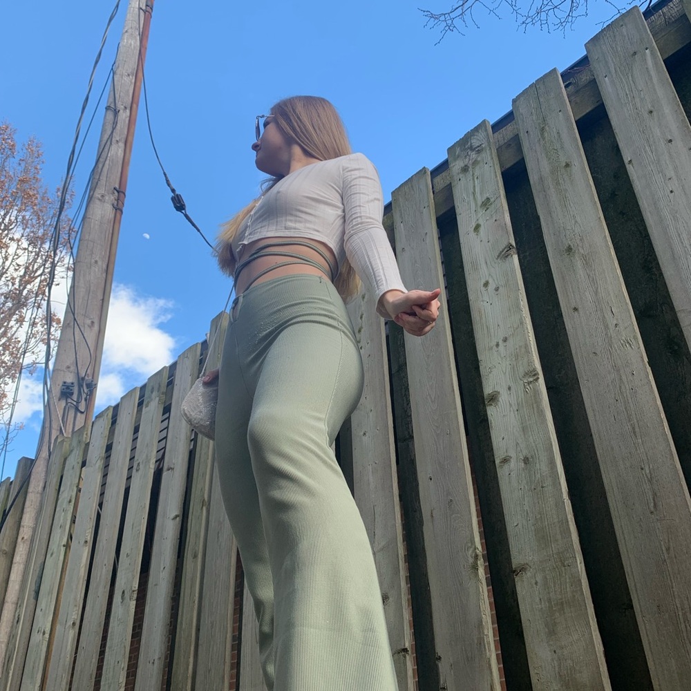 Urban Outfitters Light Sage Flare Knit Pants with Wrap Tie